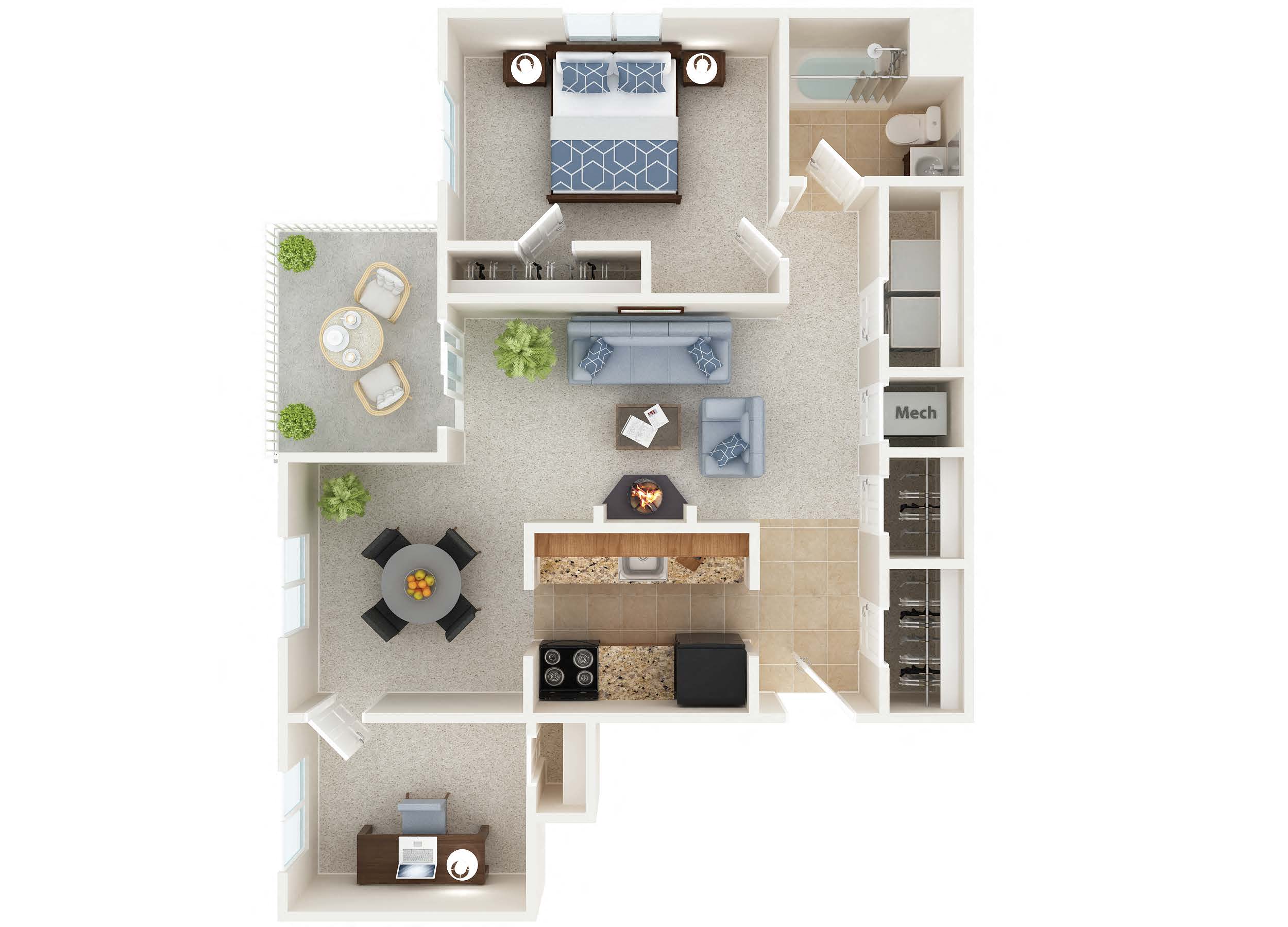Floor plan for 1 bed, 1 bath, 814 sqft